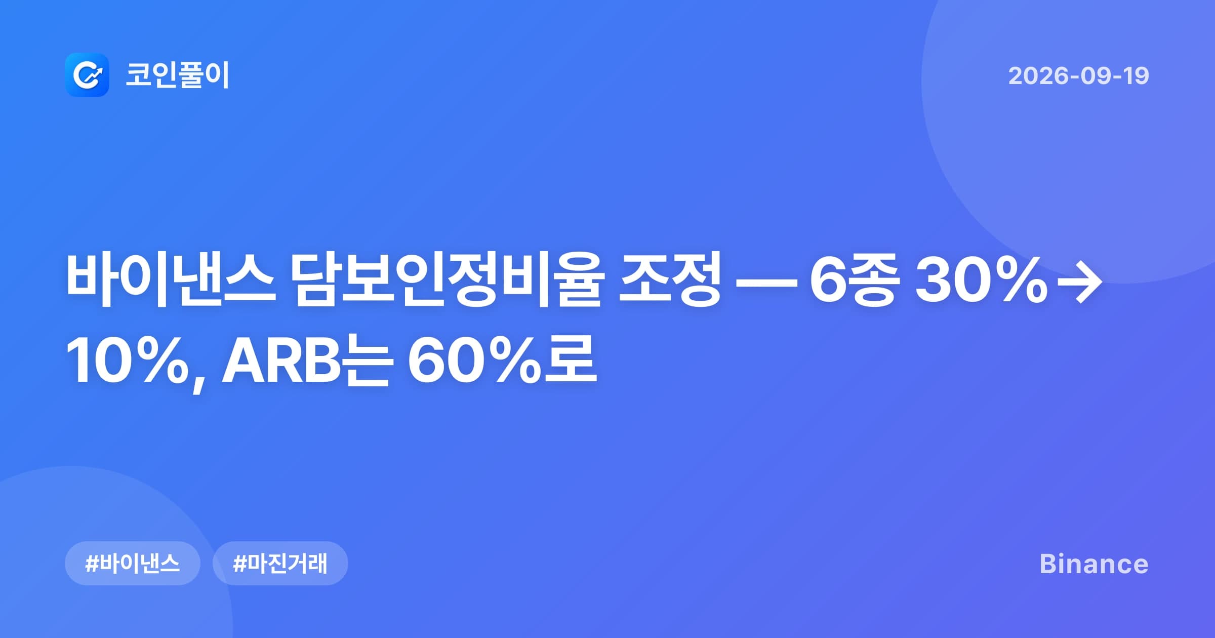 바이낸스 담보인정비율 조정 — 6종 30%→10%, ARB는 60%로